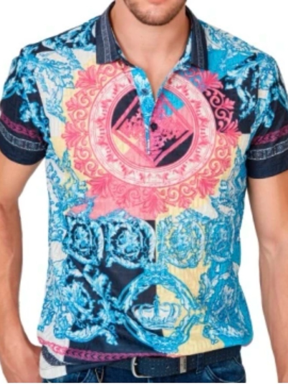 Mondo Men's Multicolor Blue Pink Baroque Graphic Jersey knit Polo‎ Shirt Sz XL